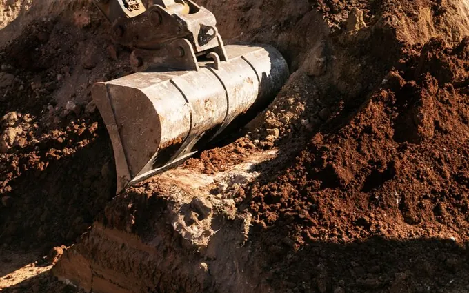 Cupa unui excavator în tranșeea abia săpată, lângă pământ proaspăt scos